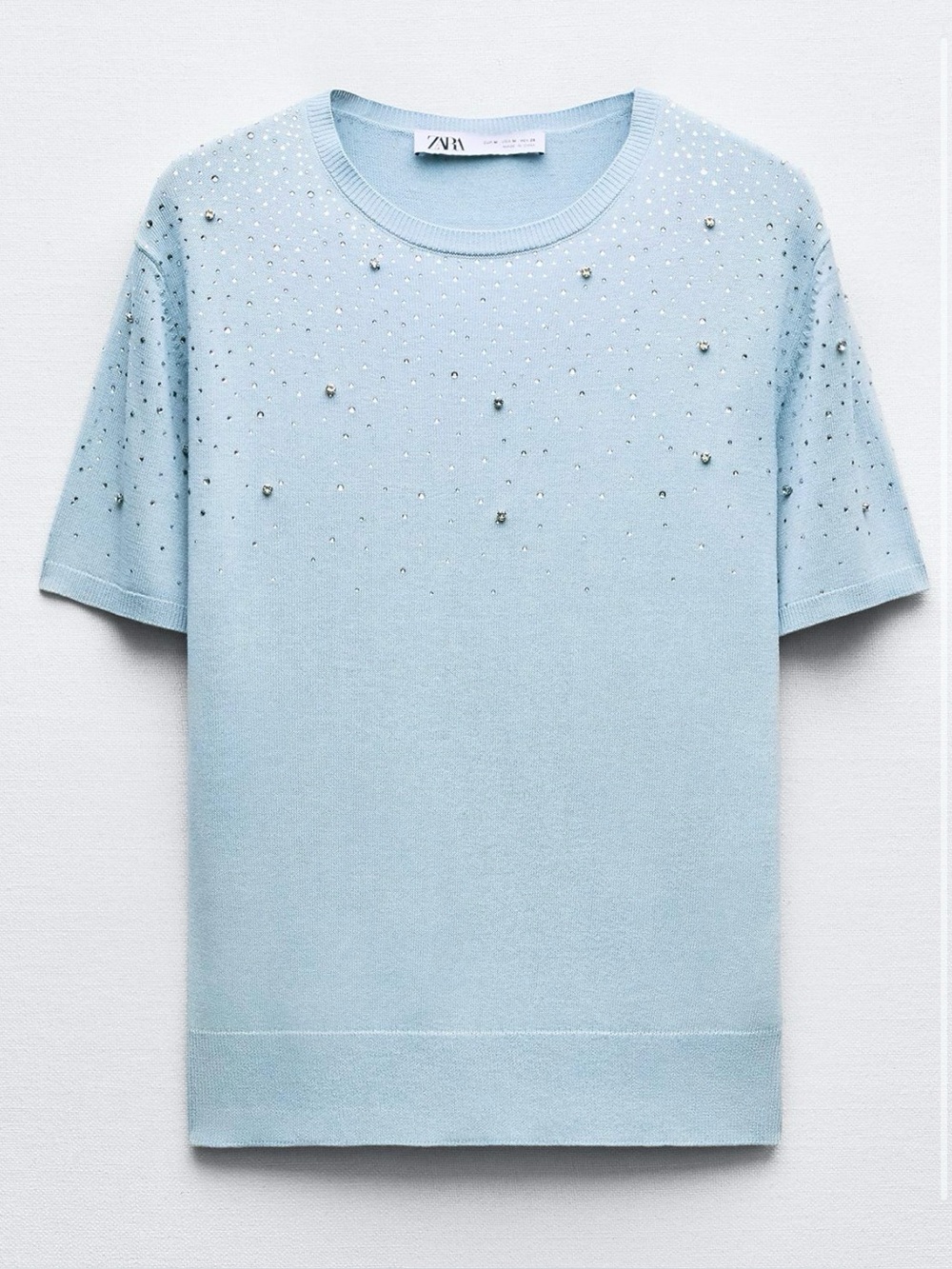 Zara Light Blue Embellished Short Sleeve Top
